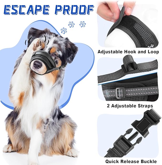 Dog Muzzle Soft Air Mesh Muzzle for Large Dogs, Adjustable Pet Muzzle for Small Medium Dogs to Drink Normally, Breathable Reflective Muzzle for Dogs to Prevent Biting Barking(Black,M-21)