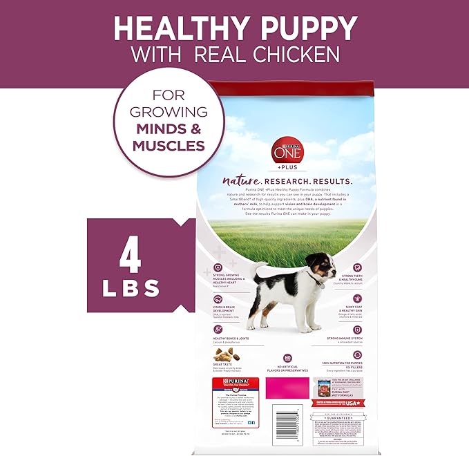 Purina ONE Plus Healthy Puppy Formula High Protein Natural Dry Puppy Food with added vitamins, minerals and nutrients - (Pack of 4) 4 lb. Bags