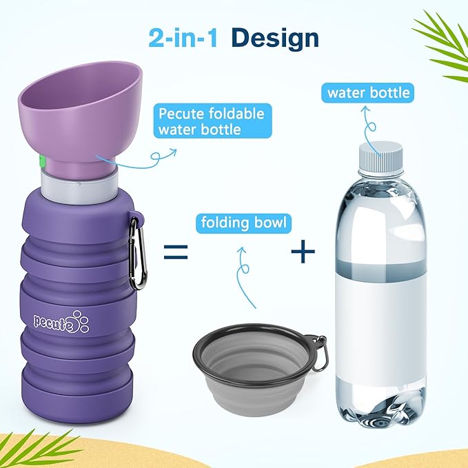 Pecute Dog Water Bottle Portable, 29oz Dog Foldable Water Bottle with Folding Bowl, Carabiner Clip, 5 Levels Capacity, 100% Food Grade Silicone, Dog Water Bottle for Outdoor Walking, Hiking, Travel