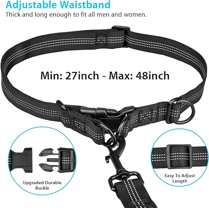 Hands Free Dog Running Leash with Zipper Pouch, Dual Handle, Elastic Bungees Retractable Rope for Medium and Large Dogs, Waist Bag Pack Carry All Phones Money for Walking Hiking Biking
