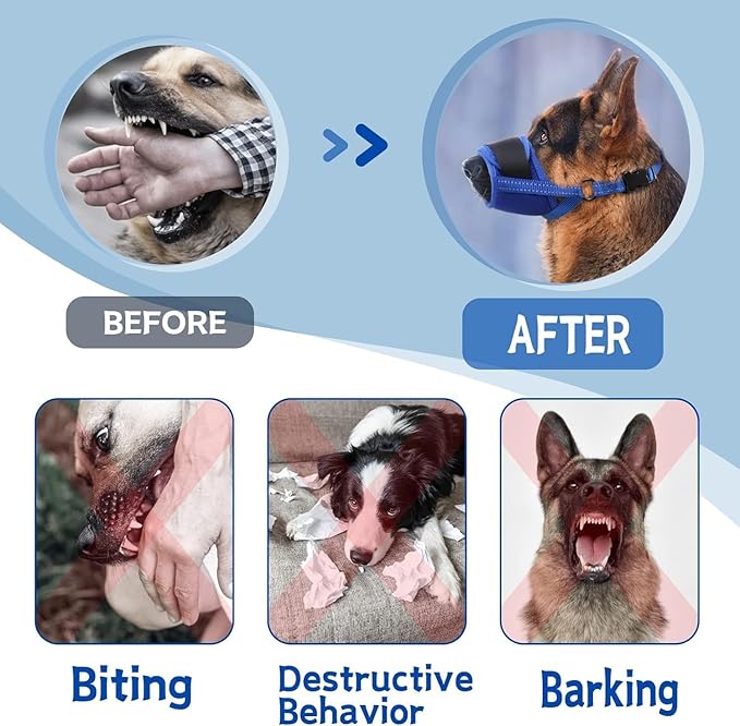 Dog Muzzle, Soft Muzzle for Medium Large Sized Dog to Anti and Prevent Biting Barking Chewing, Air Mesh Large No Barking Muzzle with Reflective & Adjustable Strap (Suitable for all dog sizes)