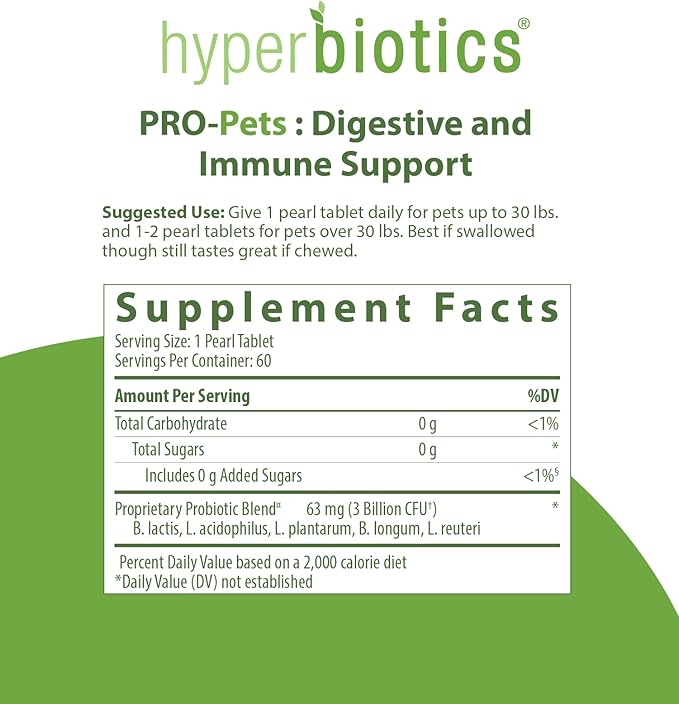 Hyperbiotics Pro Pets Probiotics | Probiotics for Dogs & Cats | Small Micro Sized Chewable Pearl Shaped Tablets | Time Released Delivery | 60 Count
