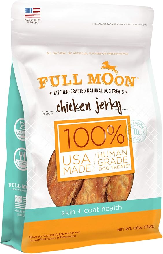 Full Moon All Natural Human Grade Dog Treats For Skin & Coat Health, Chicken Jerky, 6 Ounce