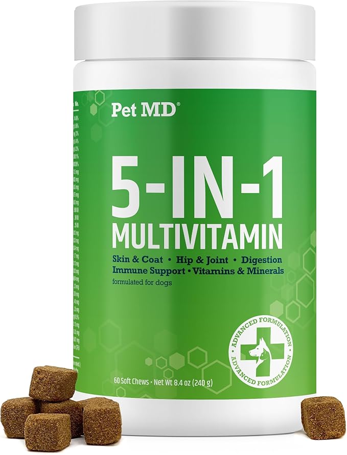 Pet MD 5in1 Dog Multivitamin - 30 Essential Vitamins, Minerals & Nutrients for Skin & Coat, Hip & Joint, Digestion, Senior Dog & Puppy Vitamins - Glucosamine, Omega 3 6 9, & Probiotics - 60ct