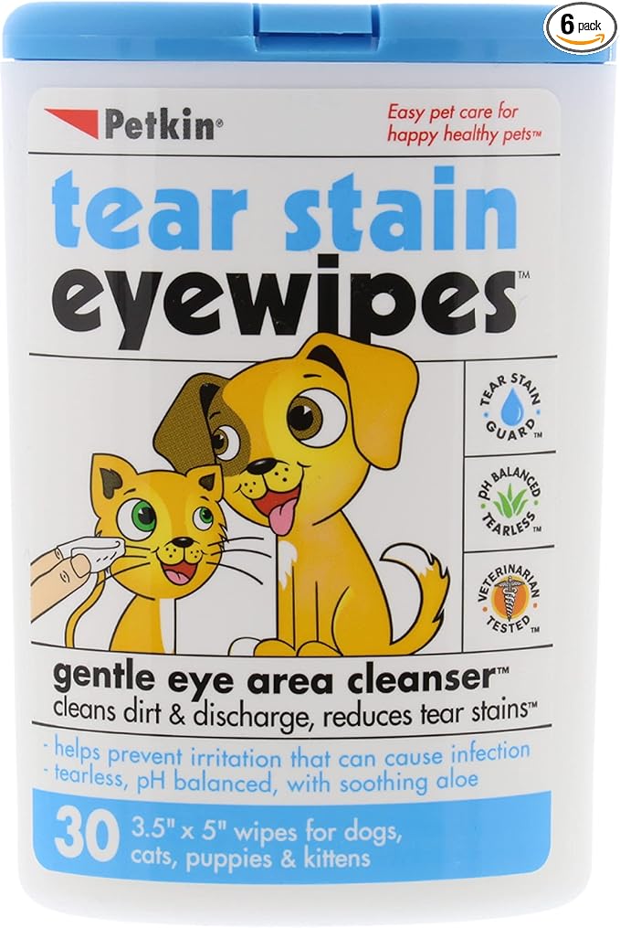 Petkin Pet Eye Wipes, 30 Moist Wipes - Gentle Eye Cleaning Wipes Remove Dirt, Discharge, & Tear Stains - Super Convenient Pet Wipes for Dogs, Cats, Puppies & Kittens - Ideal for Home or Travel