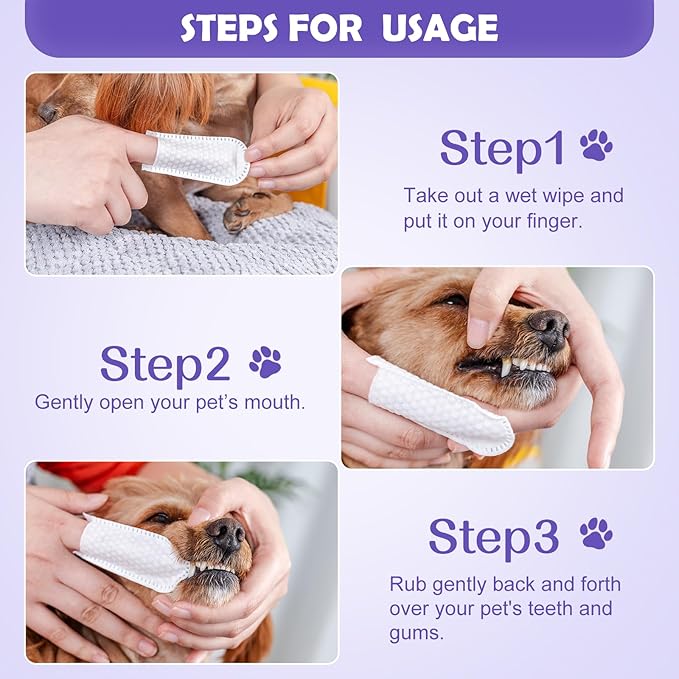 Teeth Cleaning Finger Wipes for Dogs & Cats, Reduces Tartar & Freshens Breath Finger Wipes,Natural Mild Ingredients,Disposable Pet Teeth Clean Finger Wipes-50PCS