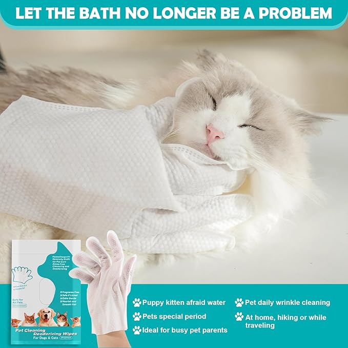 Cleaning & Deodorizing Grooming Gloves,Pet Bathing Wipes for Dogs & Cats & Rabbit, Nourish Fur Glove Wipes for Daily Care and Traveling, Rinse Free,(6 PCS)