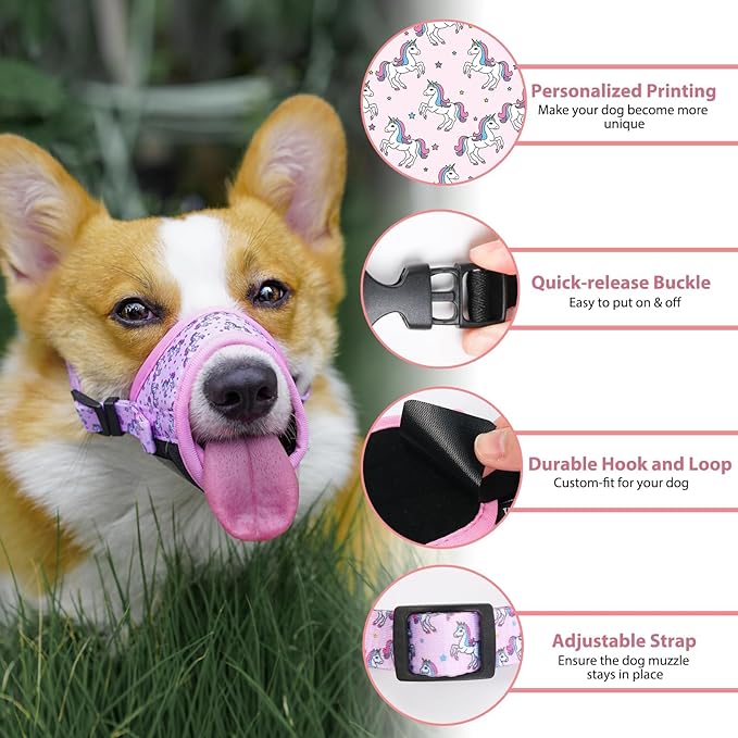 LUCKYPAW Dog Muzzle, Soft Dog Muzzles for Small Medium Large Dogs, Breathable Muzzles to Stop Biting and Chewing with Pattern, Allows Panting and Drinking(Pink Unicone,M)