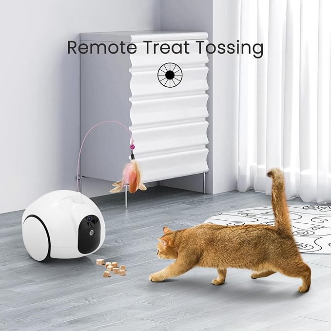 Pet Camera Treat Dispenser, Dog Camera with Phone App, Automatic Cat Feeders, Moving Home Security Camera with Night Vision Two Way Audio and Video (Support 2.4GHz Wi-Fi only, No Suscription Fee)