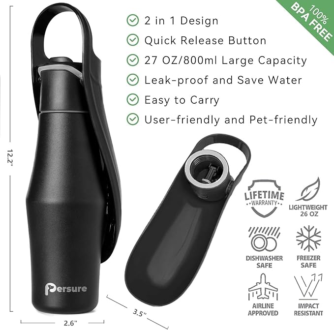 Dog Water Bottle, Portable Dog Water Bottle Dispenser - 27 OZ Stainless Steel Leak-Proof Water Bottle for Dogs On The Go, Perfect for Travel, Walking, Hiking and Outdoor Activities, Whole Black