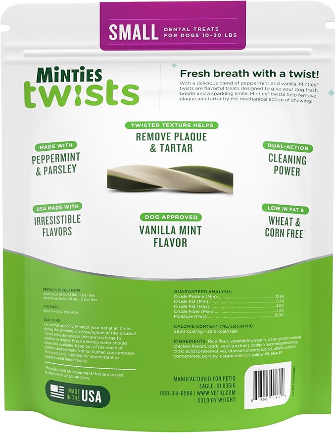 Minties Dental Twists for Dogs, Vet-Recommended Vanilla-Flavored Dental Chews for Tiny/Small Dogs 5-39 lbs lbs, Dental Treats Clean Teeth, Fight Bad Breath, and Removes Plaque and Tartar, 24oz