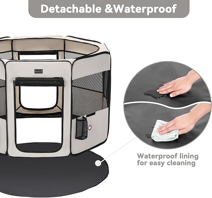 PETSFIT Dog Playpen, 45.5" Sturdy Pop Up Dog Kennel Foldable Dog Pen Indoor Outdoor Puppy Playpen for Medium Dogs Cats with Traveling Bag Zipper Sealed Removable Mesh Top Leakproof Bottom Mat Beige L