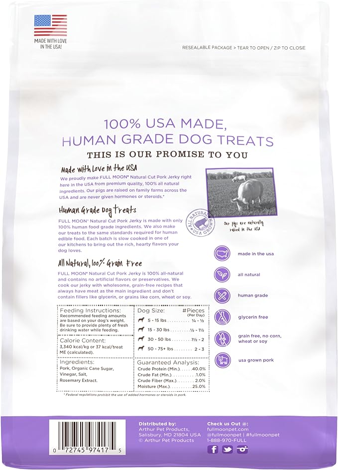 Full Moon Natural Cut Pork Jerky Healthy All Natural Dog Treats Human Grade Grain Free 10 oz