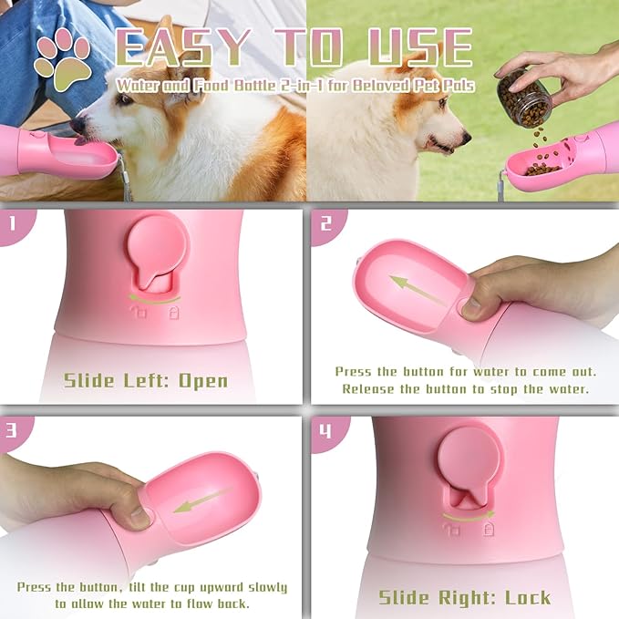 Dog Water Bottle Portable, 19Oz Large Capacity Dog Water Dispenser, Food Grade Dog Accessories for Small Dogs Large Dogs, Travel Dog Water Bowl for Outdoor, Dog Birthday Gifts (Pink&Green)