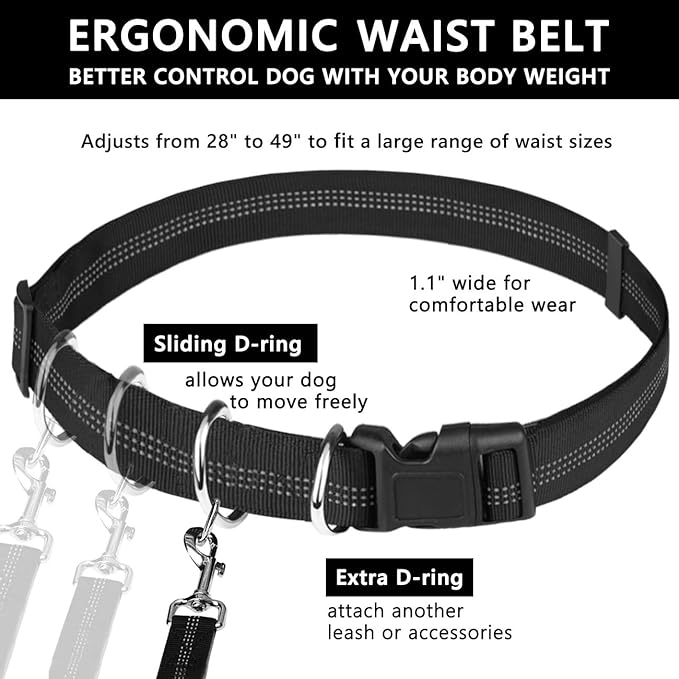 Hands Free Dog Leash, Waist Leash for Dog Walking, Running Leash with Zipper Pouch for Medium Large Dogs, Dual Handle and Retractable Bungee Hands Free Leash for Training Jogging Hiking
