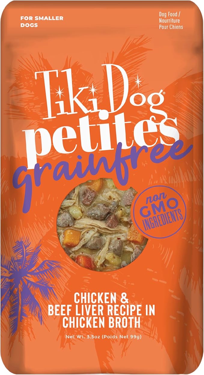 Tiki Dog Petites Grain Free, Chicken & Beef, Nutrient Dense Meat, Meal Topper for Small Dogs and All Life Stages, 3.5 oz Pouch, Pack of 12