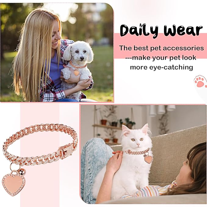 Hillban Dog Chain Rose Gold-plated Diamond Collar with Heart Rhinestones Jewelry Accessories Pet ID Tag Chain Heart Bling Collar with Personalized Name Tag for Small Medium Large Dogs Cats(12 Inch)