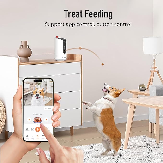 PARIS RHÔNE 2K Pet Camera, 360°View Dog Camera with Treat Dispensing, 5G WiFi Pets Monitoring with Smart Phone APP, Barking Detection and Motion Alerts, Two-Way Audio, Infrared Night Vision