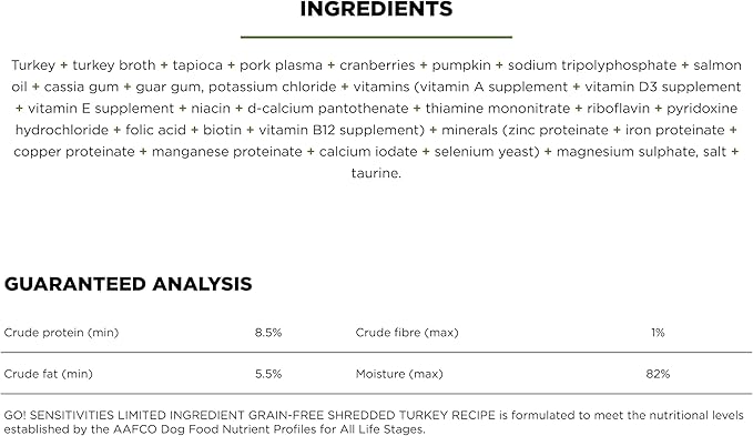 GO! SOLUTIONS Sensitivities Limited Ingredient Wet Dog Food - Grain Free Shredded Turkey Recipe - Complete & Balanced Nutrition for All Life Stages, 12.5 oz