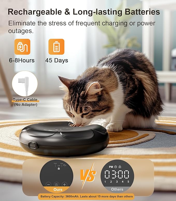 Casfuy Automatic Cat Feeder Cordless - Automatic Cat Food Dispenser for Wet Moist Food with 4 Ice Packs Rechargeable Auto Feeder for Cats Small Dogs with Programmable Timer Low Battery Indicator