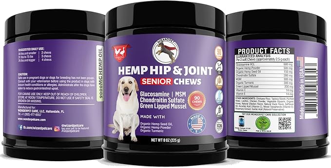 Mobility Hemp Oil Hip & Joint Supplement for Senior Dogs - Chondroitin Glucosamine MSM Turmeric Green Lipped Mussel - Extra Strength Formula for Arthritis Pain Relief & Mobility | 90 Chews