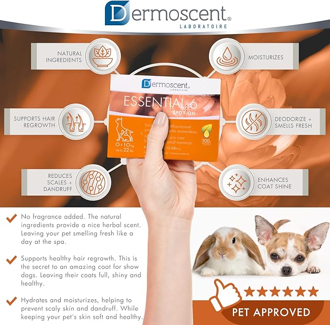 Dermoscent Essential 6 spot-on - Dog Skin Care for Dandruff & Allergy Relief with Vitamin E Oil - Anti Itch for Dogs - Dog & Small Mammals 0-10 kg - 4 Pipettes of 0.6 ml