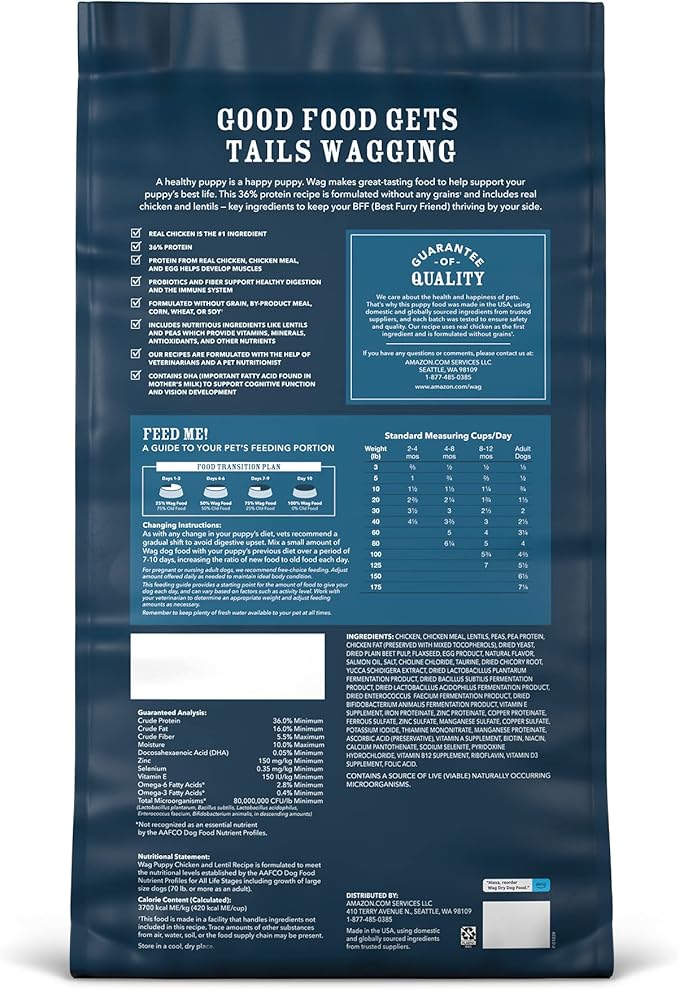 Amazon Brand - Wag Dry Dog Food Grain-Free Chicken & Lentil Recipe for Puppies (12 lb Bag)