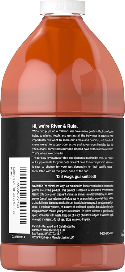 Horbaach Salmon Oil for Dogs 64 fl oz | with Pump | Supports Healthy Skin and Coat | with Omega 3, EPA & DHA | Bulk Size Pet Supplement | Non-GMO, Gluten Free