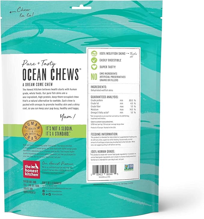 Pet Faves (3 Pack of 6oz) The Honest Kitchen Wolffish Ocean Chews Grain Free Dog Chew Treats – Natural Human Grade Dehydrated Fish Skins (6 oz Each) with 10ct Wipes