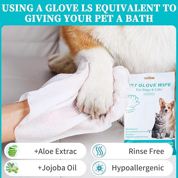Pet Cleaning & Grooming Glove Wipes, Hypoallergenic Dog Deodorising Bath Wipes, Easy Dry Cleaning Gloves Cat Wipes, Nourishing Fur Wipes, For Grooming Between Baths & Daily Care, Travelling (6 PCS )