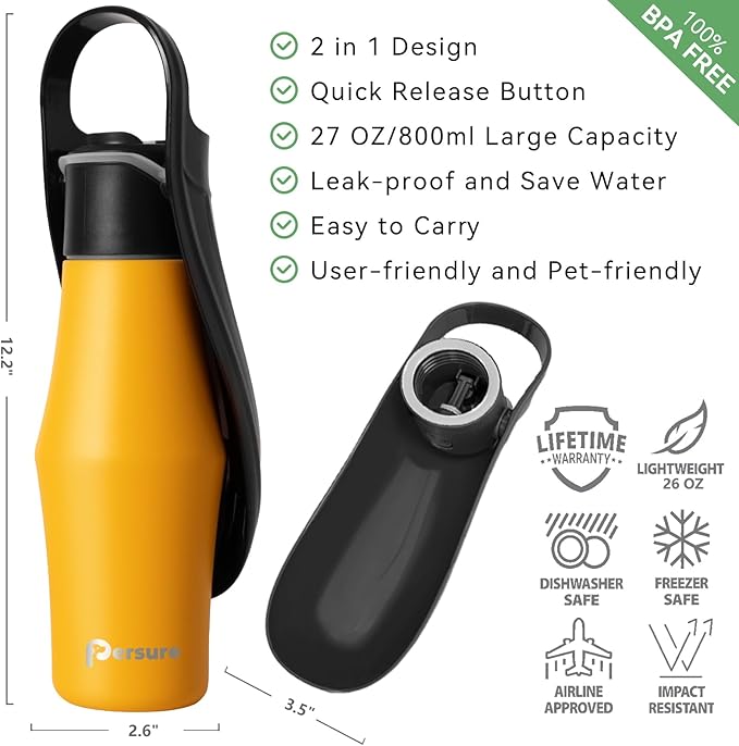 Dog Water Bottle, Portable Dog Water Bottle Dispenser - 27 OZ Stainless Steel Leak-Proof Water Bottle for Dogs On The Go, Perfect for Travel, Walking, Hiking and Outdoor Activities, Yellow Black