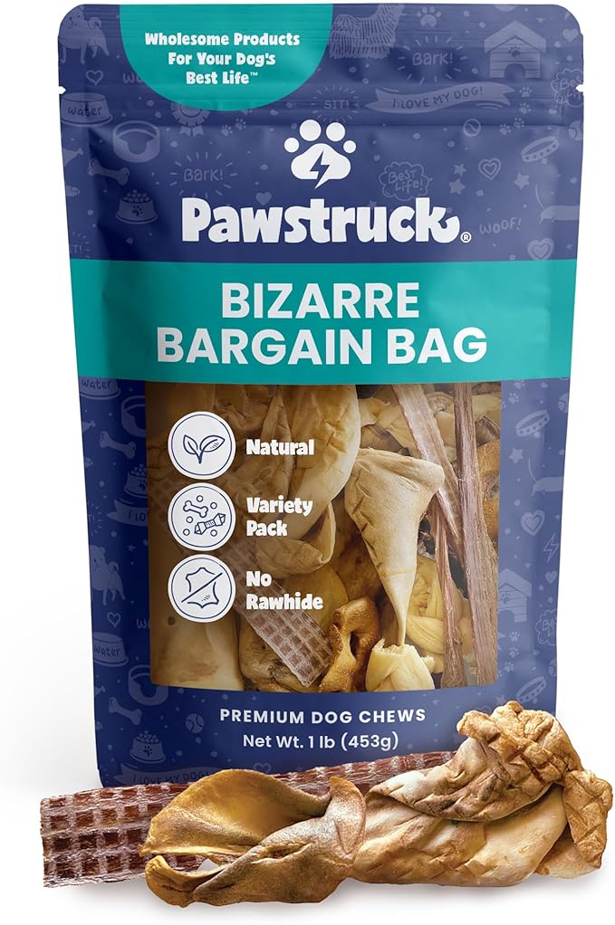 Pawstruck Bizarre Bargain Bag Assorted Natural Dog Chew Treats - Animal Ears, Jerky, Bones, Hooves, Beef Straps - Long Lasting Rawhide Alternative for Chewers All Breeds - 1 lb - Packaging May Vary