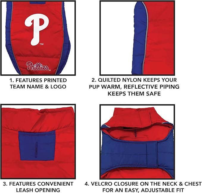 Pets First MLB Philadelphia Phillies Puffer Vest for Dogs & Cats, Medium. Warm, Cozy, & Waterproof Dog Coat, for Small & Large Dogs/Cats. Best MLB Licensed PET Warming Sports Jacket (PHP-4081-MD)