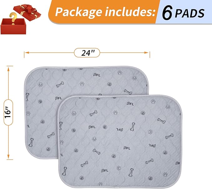 Washable pee pads for dogs, 6Pack Reusable Puppy Pads, Absorbent Whelping Pads with Bone Print, Non-Slip Waterproof Pet Training Pads for Couch, Crate, Potty Training -16x24