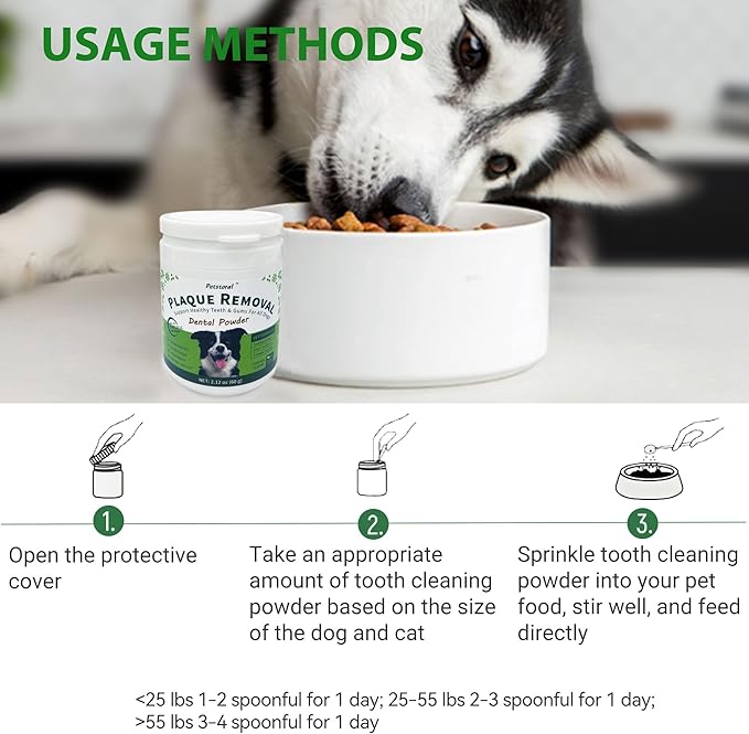 Plaque Removal Natural Dental Powder - Dog Dental Care and Bad Breath Treatment, Dog Teeth Cleaning Powder for Healthy Teeth & Gums for All Dogs - 60g