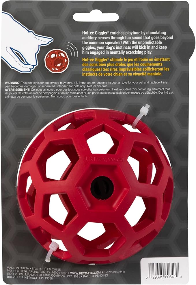 JW Pet Hol-ee Giggler Dog Toy Puzzle Ball, Natural Rubber, Medium (4.5 Inch Diameter), Red
