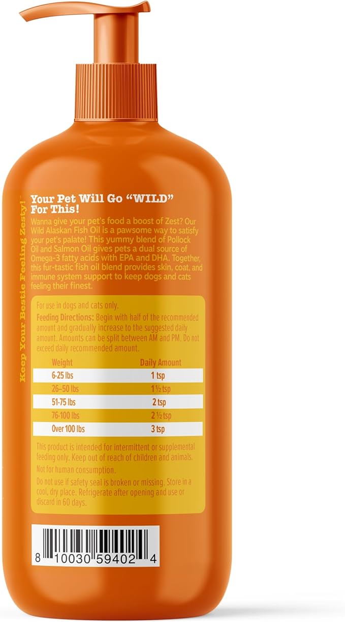Zesty Paws Wild Alaskan Fish Oil for Dogs & Cats - Pollock & Salmon Oil Blend - Omega 3 Fatty Acids EPA & DHA for Pets - for Sensitive Skin + Coat Health - Immune System Support - 32 fl oz