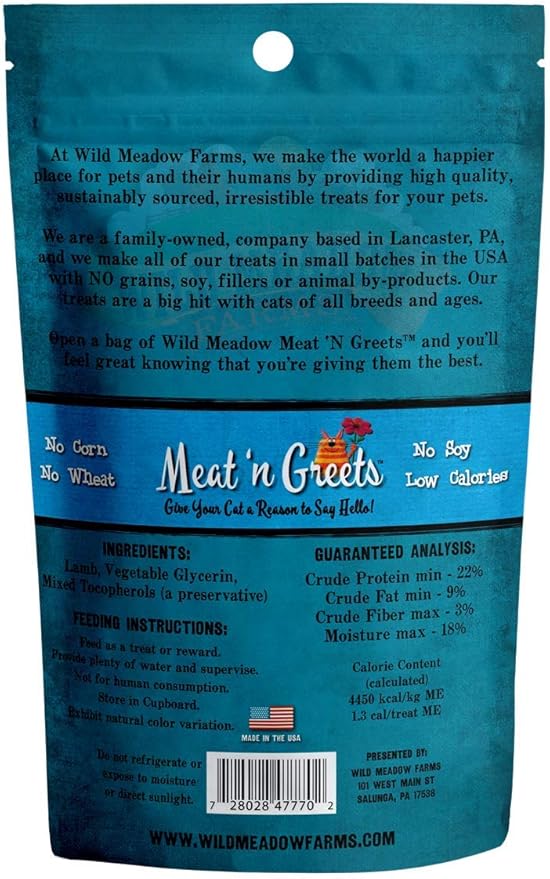 Wild Meadow Farms - Cat Treats - Meat 'N Greets - Soft Jerky Treats with Real Meat, High Protein, Grain-Free, Perfect for Training & Rewarding, All Natural Snacks for Cats - Lamb Flavor