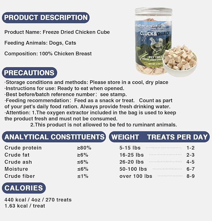 Freeze-Dried Chicken Training Treats for Dogs and Cats | 270 Treats, 4oz Single Ingredient, Raw, Healthy, All Natural, Recyclable Packaging (Chicken)