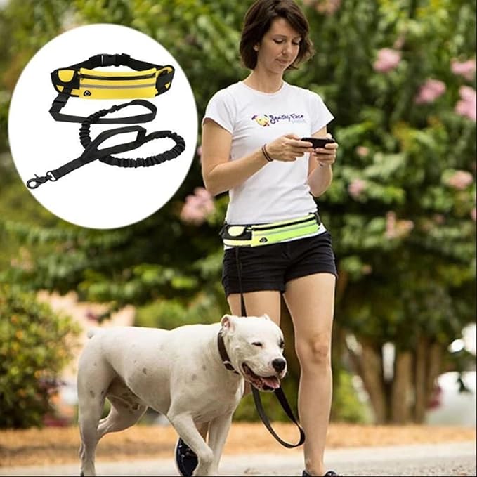 Hands Free Dog Leash with Pouch,Adjustable Waist Belt Fanny Pack Dual-Handle Reflective Bungee Leash for Medium to Large Dogs for Running Walking Training Jogging,Fluorescent