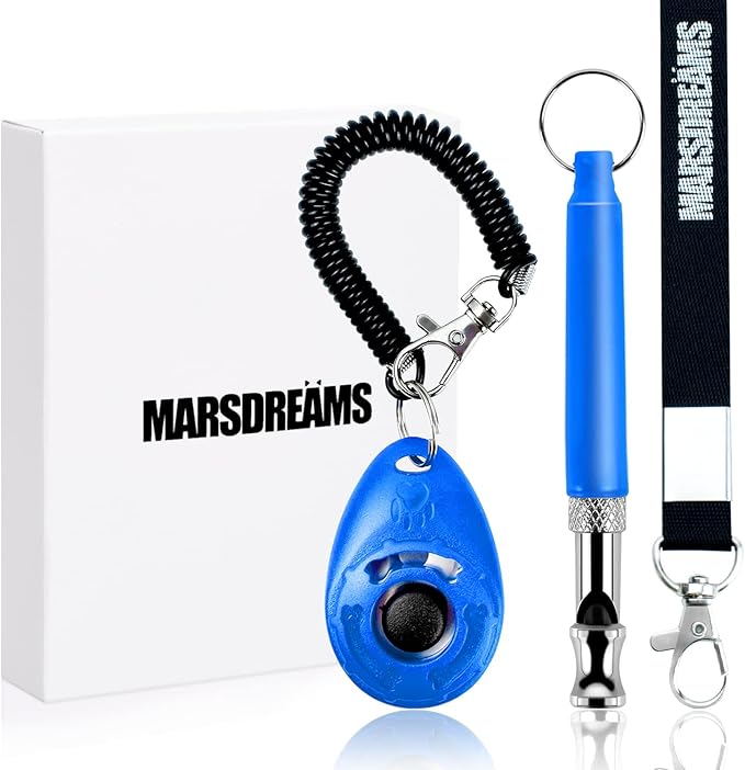 Pet Training Clicker, Whistle -Training Behaviour Aids Accessories for Puppies with Lanyard - Barking Control Device - Long Range Adjustable Frequency - Pack of 3 - Blue