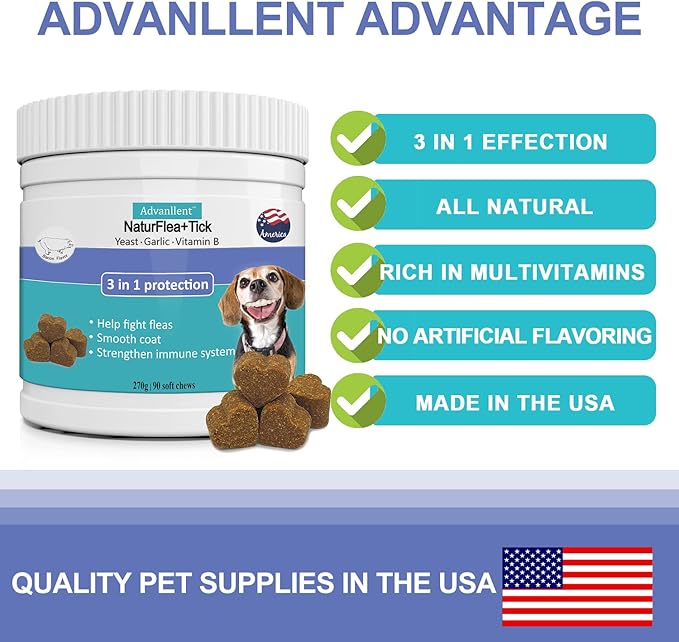 Advanllent Flea & Tick Prevention Supplement - Natural & Functional Flea Treatment for Dogs Soft Chew - Help with Dog Flea and Tick Treatment, Coat Smooth, Immune Health - 90 Count Flea Chewables