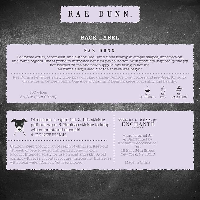 Rae Dunn Pet Wipes, Alcohol Free with Aloe and Vitamin E, Lavender Mint, 150 Count