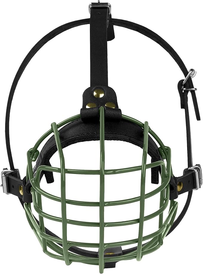 Pitbull Dog Muzzle Metal Mask Amstaff Secure Wire Basket Adjustable Durable Leather Straps for Large Dogs (Green)