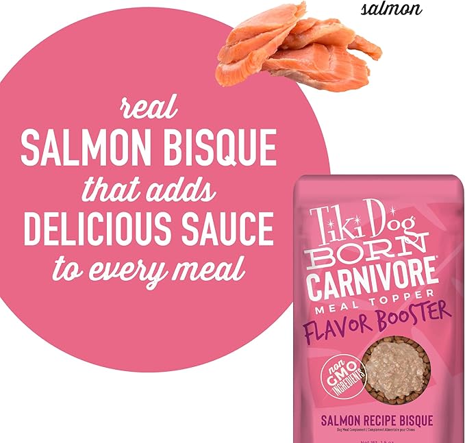 Tiki Dog Born Carnivore Flavor Booster, Salmon Recipe Bisque, Grain Free Meat Based Treat, Meal Topper for All Dog Breeds and All Life Stages, 1.5 oz Pouch, Pack of 12