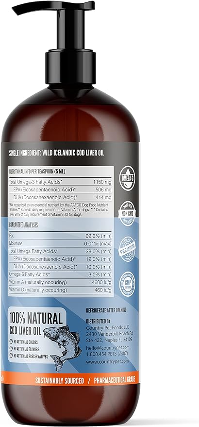 Pure Wild Caught Icelandic Cod Liver Oil 16oz Highest Purity, Highest Omega 3 1150mg/tsp, High EPA/DHA, Vitamin A & D - Reduces Itching, Healthy Skin & Coat, Mobility, BPA-free, Pump incl.