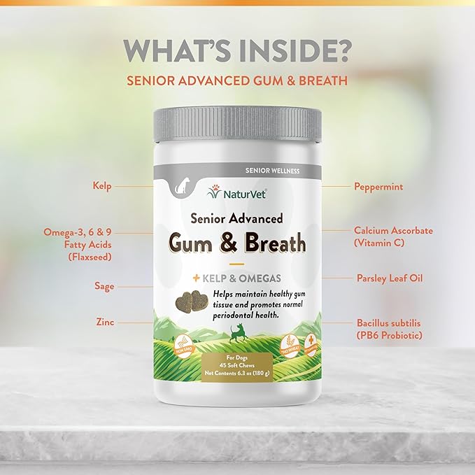 NaturVet Senior Advanced Gum & Breath Dog Supplement – Includes Peppermint, Parsley Leaf to Help Promote Periodontal Health, Fresh Breath for Dogs – 45 Ct. Soft Chews