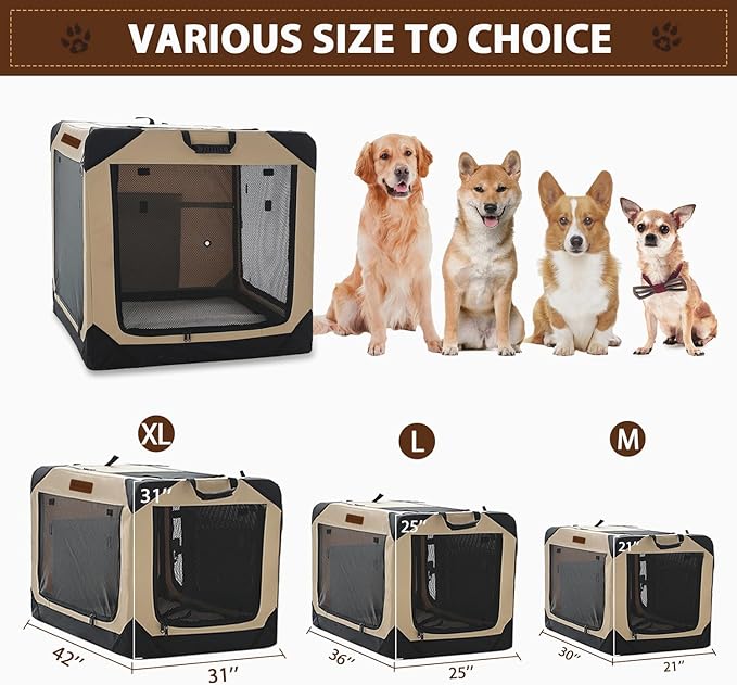 36 Inch Collapsible Soft Dog Crate for Large Dogs, 4-Door Foldable Travel Dog Kennel with Durable Mesh Windows for Indoor & Outdoor Portable Pet Crate, Soft Side Dog Crate, Beige