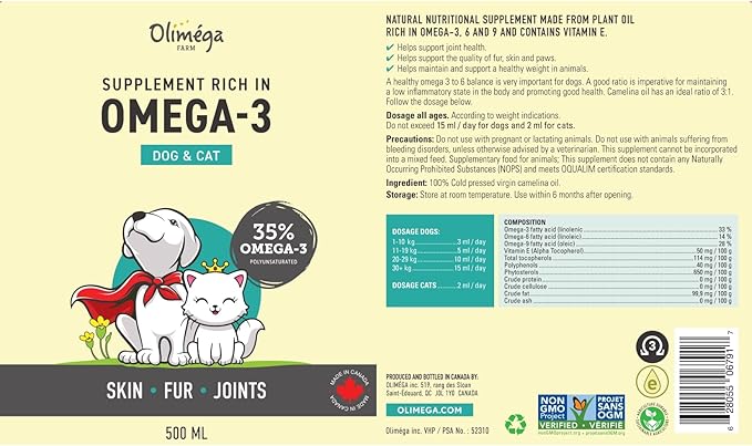Camelina Oil for Dogs & Cats, 500mL by Olimega Farm | High in Omega-3 & Vitamin E | Support for Healthy Joints, Coat & Skin | Alternative to Salmon Oil for Dogs | Made in Canada | Non-GMO