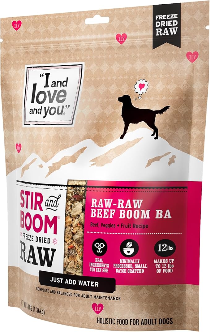 I AND LOVE AND YOU Stir and Boom Dehydrated Freeze Dried Raw Dog Food - Beef - Grain Free, Real Meat, No Fillers, 3lb Bag